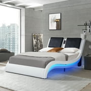 Platform Bed Frame With LED Light And USB Charging Ports Headboard, Wave-Like Curve Backrest Vibration Massage King Size Upholstered Faux Leather Bed For Home